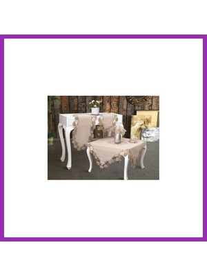 Salmore Salon Takımı 5 Parça Keten Dantelli Masa Örtüsü Runner Seti Çeyizlik Flowers Model Kapiçino Bty