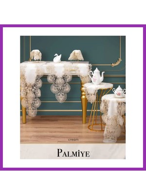 Salmore Salon Takımı 7 Parça Keten Masa Örtüsü Runner Seti Çeyizlik Palmiye Model No 21042 Krem-Krem Bty