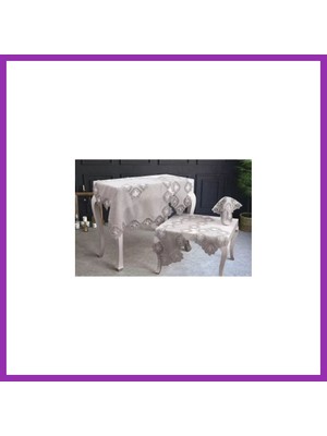 Salmore Salon Takımı 5 Parça Keten Dantelli Masa Örtüsü Runner Seti Çeyizlik Flowers Model No 9964 Kapiçino Bty
