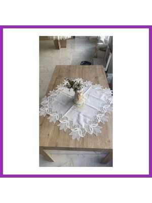 Salmore Masa Üzerine Runner, Sehpa Örtüsü Fransız Dantel Detaylı Kare 88X 88 cm Kayla Kreme Gold Bty