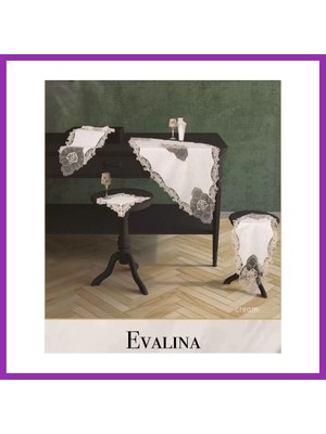Salmore Salon Takımı Evalina Model Krem-Krem 5 Parça Keten Dantelli Masa Örtüsü Seti No 9631 Bty
