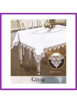 Salmore Gülse Model Keten Dantelli 155X220 cm Krem Dekoratif Yemek Masası Örtüsü Tasarım Bty