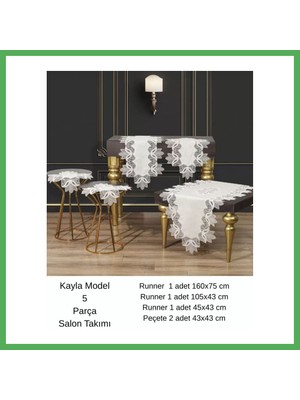 Astraltech Salon Takımı 5 Parça Keten Masa Örtüsü Runner Seti Çeyizlik Kayla Model No 22252 Krem-Gold Bezoss
