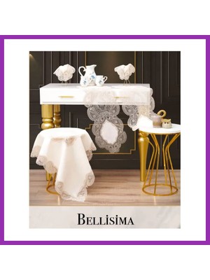 Salmore Salon Takımı 5 Parça Keten Dantelli Masa Örtüsü Runner Seti Bellisima Model No 800 -Krem-Kapiçino Bty