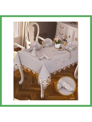 Astraltech Gardenya Keten Karanfil Gri 26 Parça 160 × 220 cm Masa Takımı 12 Kişilik Bezoss