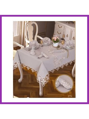 Salmore Gardenya Keten Karanfil Gri 26 Parça 160 × 220 cm Masa Takımı 12 Kişilik Bty