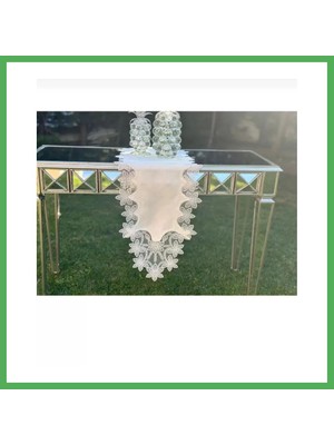 Astraltech Salon Takımı 5 Parça Dantelli Keten Masa Örtüsü Runner Seti Çeyizlik Selena Model No 96536 Krem Bezoss