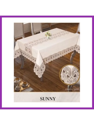 Salmore Parlak Keten Masa Örtüsü Tablecloth 160X260 cm Yemek Masası Örtüsü Sunny Model Krem-Gold Bty
