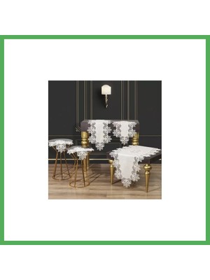 Astraltech Salon Takımı Çeyizlik Kayla Model Krem-Gold 5 Parça Keten Dantelli Runner Seti Bezoss