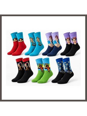 Nexora Living Unisex Çorap Sanat Temalı Renkli 7'li Set Portre Tablo Desenli Uzun Soket Günlük Eğlenceli Çorap Şık Nxrlvng