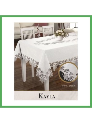 Astraltech Keten Dantel Masa Örtüsü Kayla Model 155X220 cm Krem Yemek Masası Dekoratif Bezoss