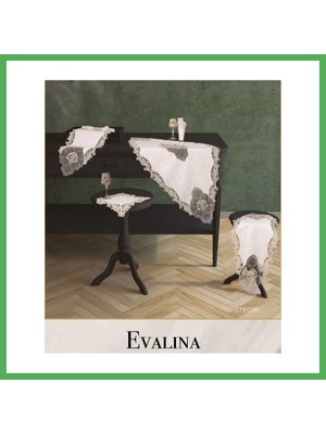 Astraltech Salon Takımı Evalina Model Krem-Krem 5 Parça Keten Dantelli Masa Örtüsü Seti No 9631 Bezoss