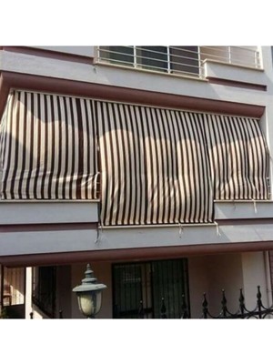 Perhal Kahve Krem Çizgili Balkon Perdesi, Teras Çardak Kamelya Perdesi ve Güneşlik Perde
