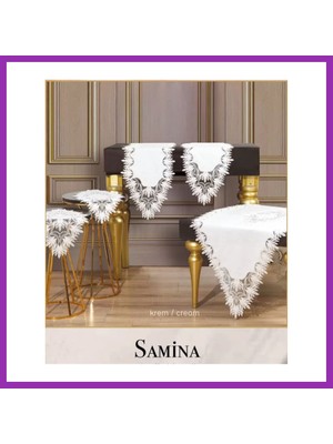 Salmore Samina Model Krem Çeyizlik 5 Parça Keten Dantelli Masa Örtüsü Runner Seti Salon Takımı Bty
