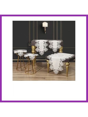 Salmore Çeyizlik Kayla Model Krem-Gümüş 5 Parça Keten Dantelli Runner Seti Lüks Salon Takımı Bty