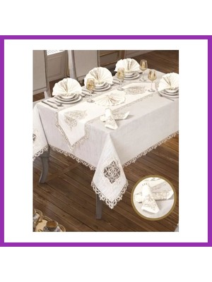 Salmore Lisa Linen Krem 26 Parça 12 Kişilik 160 × 260 cm Çeyizlik Premium Yemek Masa Takımı Bty