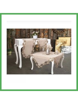 Astraltech Flowers Model Kapiçino 5 Parça Keten Dantelli Runner Seti Zarif Salon Takımı Bezoss