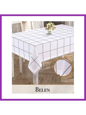 Salmore Belen Model Krem 155X260 cm Çeyizlik Keten Tek Masa Örtüsü Dekoratif Tasarım Bty
