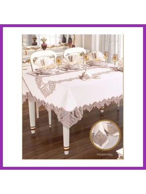Salmore Kartanesi Gardenya Keten Krem-Kapiçino 12 Kişilik 26 Parça Çeyizlik Şık 160X220 cm Masa Örtüsü Bty