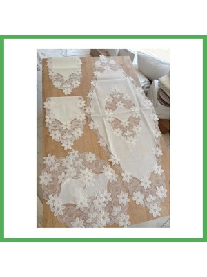 Astraltech Salon Takımı Çeyizlik Krem Runner Set 5 Parça Keten Masa Örtüsü Runneri Lüx Evita Bezoss