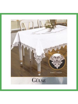 Astraltech Gülse Model Krem 155X220 cm Keten Dantelli Dekoratif Zarif Yemek Masası Örtüsü Bezoss