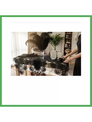 Astraltech Palmiye Model Siyah 7 Parça Keten Masa Örtüsü Runner Seti Çeyizlik Salon Takımı Şık Tasarım Bezoss