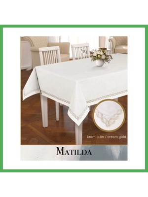 Astraltech 155X300 cm Matilda Krem-Altın Model Keten Masa Örtüsü Zarif Yemek Masası Dekoru Bezoss