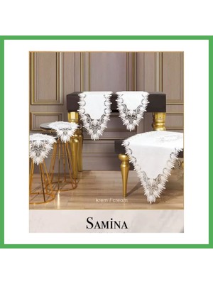 Astraltech Samina Model Krem Çeyizlik 5 Parça Keten Dantelli Masa Örtüsü Runner Seti Salon Takımı Bezoss