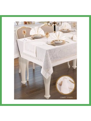 Astraltech Liana Krem-Krem 12 Kişilik 26 Parça 155 × 220 cm Zarif Şık Sofra Masa Seti Bezoss
