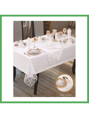 Astraltech Taç Keten Krem-Krem 12 Kişilik 26 Parça 160 × 220 cm Şık Premium Sofra Takımı Bezoss