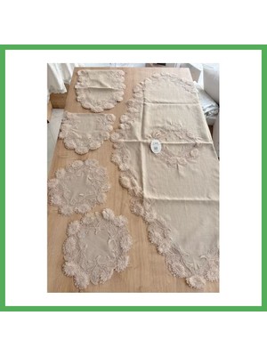 Astraltech Salon Takımı Çeyizlik Kapiçino Runner Set 5 Parça Keten Masa Örtüsü Runneri Flowers Bezoss