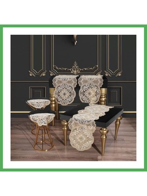 Astraltech Alya Model Gold 5 Parça Salon Takımı Dantelli Masa Örtüsü Runner Seti Bezoss