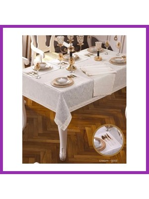 Salmore 8 Kişilik Krem-Gold 10 Parça Masası 160 × 220 cm Lüks Şık Yemek Masa Takımı Bty