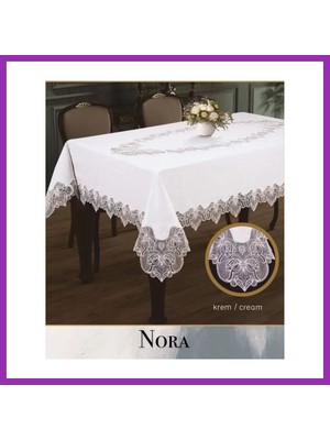 Salmore 155X260 cm Nora Model Krem-Krem Keten Tablecloth Şık Ev Dekoru Bty