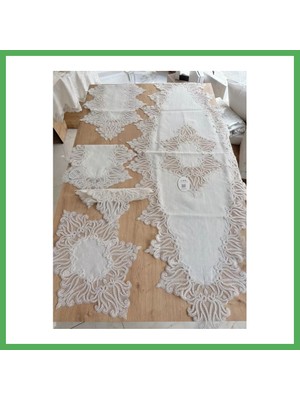 Astraltech Salon Takımı Çeyizlik Krem Runner Set 5 Parça Keten Ranır Masa Konsol Sehpa Örtüsü Gülseda Bezoss