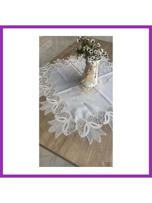 Salmore Kayla Kreme Krem 88X88 cm Fransız Dantel Detaylı Kare Sehpa Örtüsü Şık Tasarım Bty