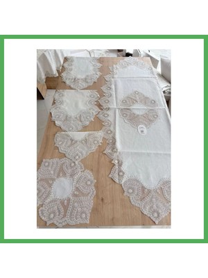 Astraltech Salon Takımı Çeyizlik Krem Runner Set 5 Parça Keten Ranır Masa Konsol Sehpa Örtüsü Kartanesi Bezoss