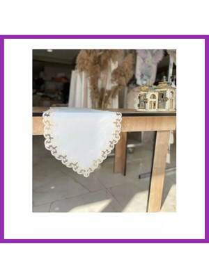Salmore Lale Krem 40X145 cm Fransız Dantel Detaylı Sehpa Örtüsü Şık Tasarım Bty