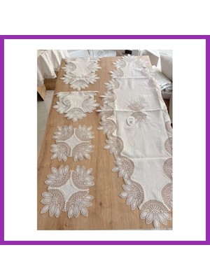 Salmore Salon Takımı Çeyizlik Krem Runner Set 5 Parça Keten Ranır Masa Konsol Sehpa Örtüsü Lady Bty