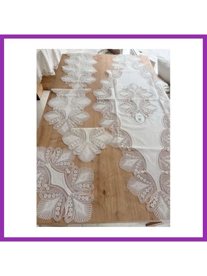 Salmore Salon Takımı Çeyizlik Krem Runner Set 5 Parça Keten Ranır Masa Konsol Sehpa Örtüsü Lavinya Bty