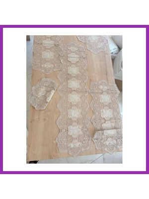 Salmore Salon Takımı Çeyizlik Krem Runner Set 5 Parça Keten Ranır Masa Konsol Sehpa Örtüsü Orkide Bty