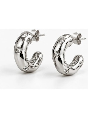 Xuping Jewelry Xupıng Jewelry Gümüş Renk Taş Detaylı Kalın Halka Çelik Küpe – Gerçek Gümüş Iğneli