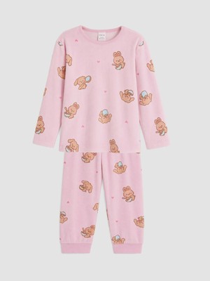 Lc Waikiki Yeni Sezon Pembe Desenli Kız Çocuk Kadife Pijama Takımı