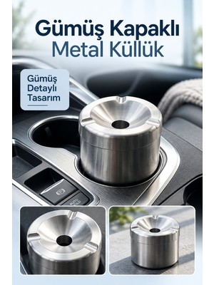 Mucit Home Gümüş Kapaklı Kokusuz Paslanmaz Metal Küllük – Modern ve Şık Tasarım