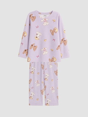Lc Waikiki Yeni Sezon Lila Desenli Kız Çocuk Kadife Pijama Takım
