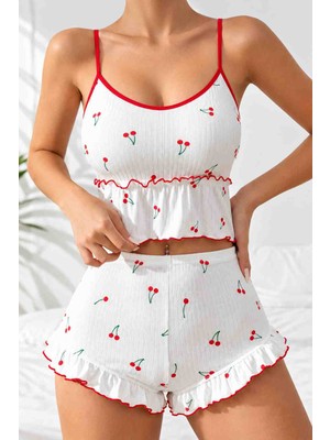 Belirtilmemiş Kırmızı Kiraz Desenli Fırfırlı Askılı Şortlu Pijama ve Ev Giyim Takımı