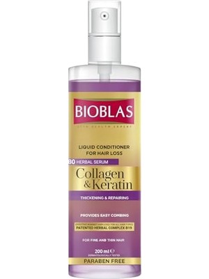 Bioblas Kolajen & Keratin Sıvı Saç Kremi – Durulanmayan, Onarıcı & Dolgunlaştırıcı Etki, Bitkisel Kompleks B19, 200 ml