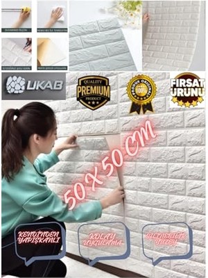 Ukab Dekor Kendinden Yapışkanlı Tuğla Desenli Beyaz Duvar Paneli Pratik Dekoratif Mutfak 50X50CM 0,25 M² Beyaz 50 x 50