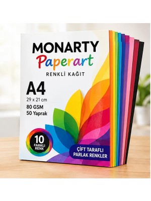 Monarty A4 Çok Renkli Kağıt, 80 Gsm, 29X21 Cm, 5 Farklı Renkli, Çift Taraflı Parlak Renkler 50