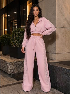 Aymora Kadın Taş Baskı Detaylı Fermuarlı Crop Sweatshirt ve Geniş Paça Eşofman Takımı